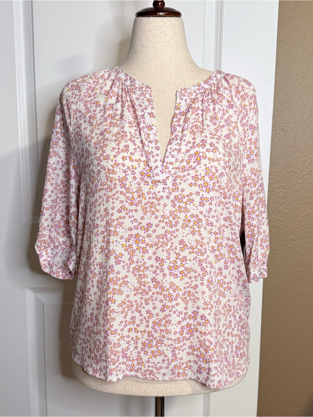 🆕 NWT Melrose and Market Pink Floral Peasant Blouse White-Yellow Ditsy Field - M